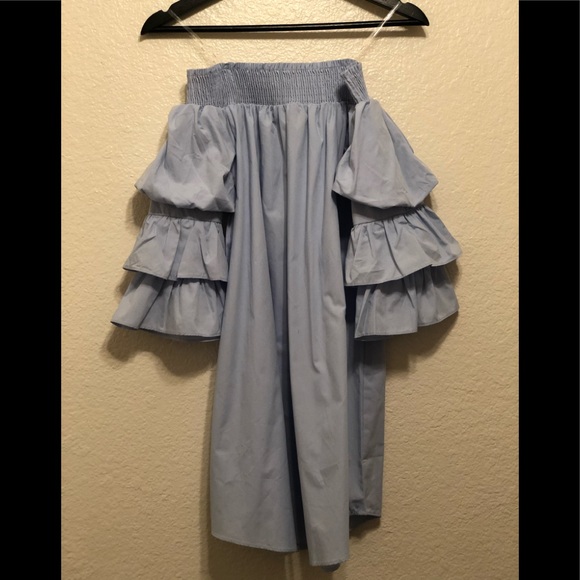 pastel blue off shoulder dress with sleeves - Picture 2 of 5
